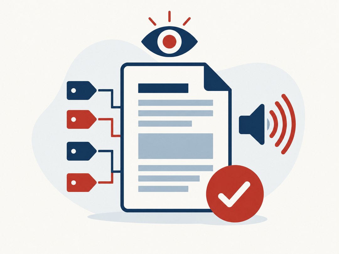 Illustration of a document with structural tags, an eye and a checkmark badge being made accessible